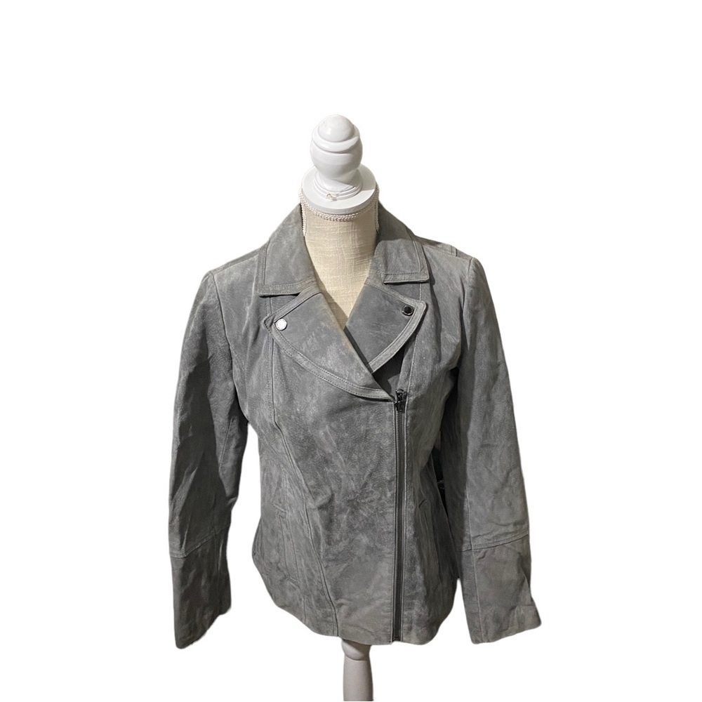 Isaac Mizrahi Live Women Gray 3/4 Zip 100% Suede Leather Moto Jacket Wrap Coat 4
